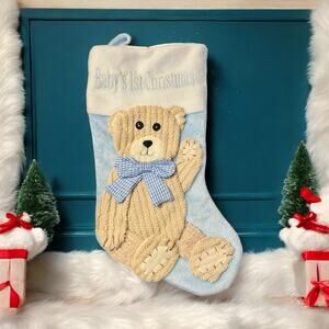 Baby's 1st Christmas Stocking-Blue Teddy Bear-Soft Plush-Corduroy Gingham Bear
